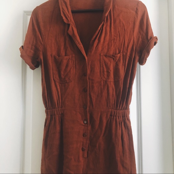 Rust Button Down Shorts Romper With Pockets - Picture 2 of 3
